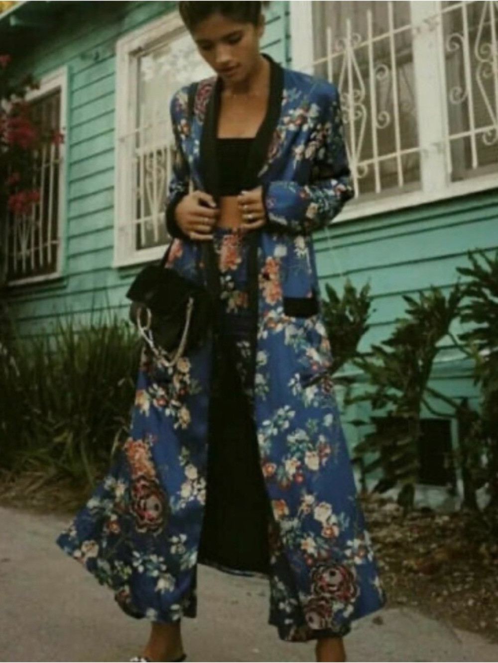 Zara Blue Floral Satin Duster Coat/ Kimono Dress